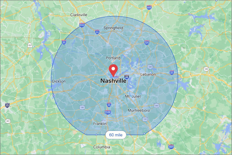 Service area map showing a 60 mile radius around Nashville Tennessee